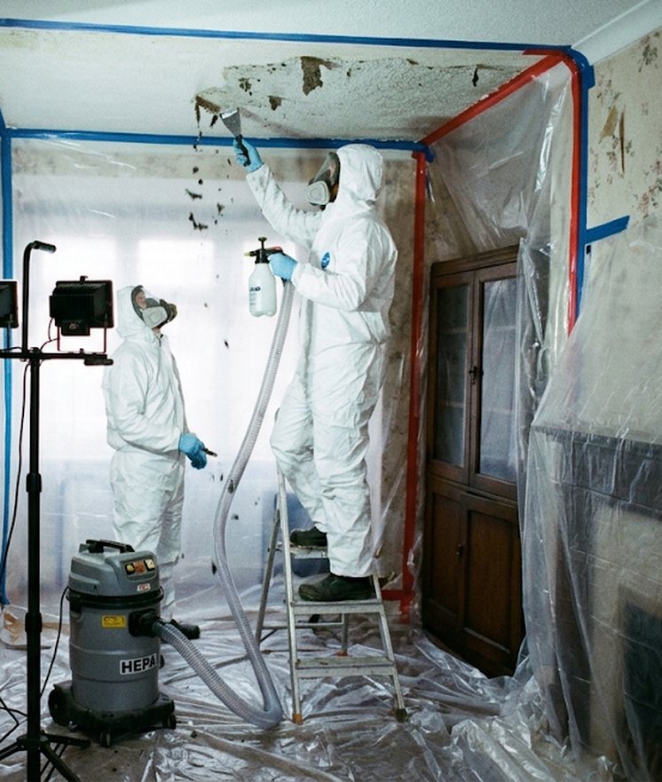 Operative in a protective suit using a scraper and wet spray on a ceiling